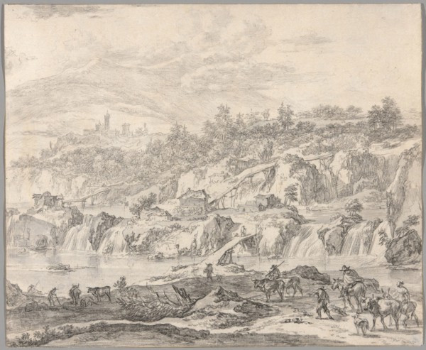 Landscape with Waterfalls and Bridges, Peasants in the Foreground, c. 1670, Nicolaes Berchem, the
