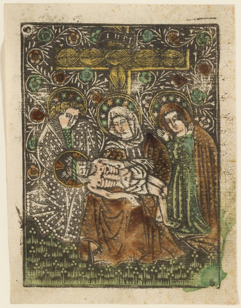 The Pietà, 1460–65, Bavarian, 15th century, Germany, Metalcut in black hand colored with brush and