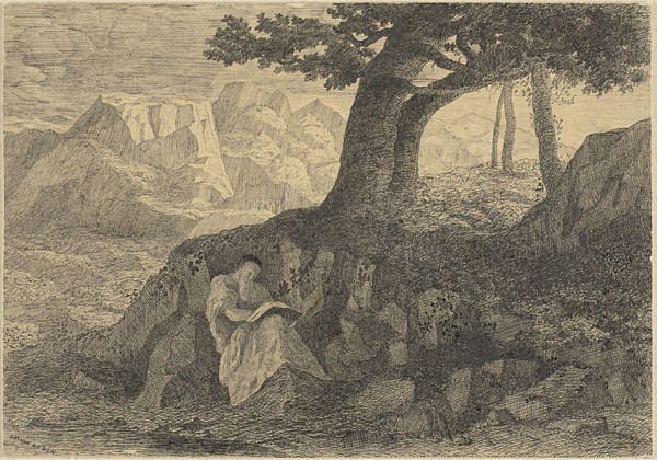 Hermit in Landscape, c. 1866, Odilon Redon, French, 1840-1916, France, Pen and black ink on tan