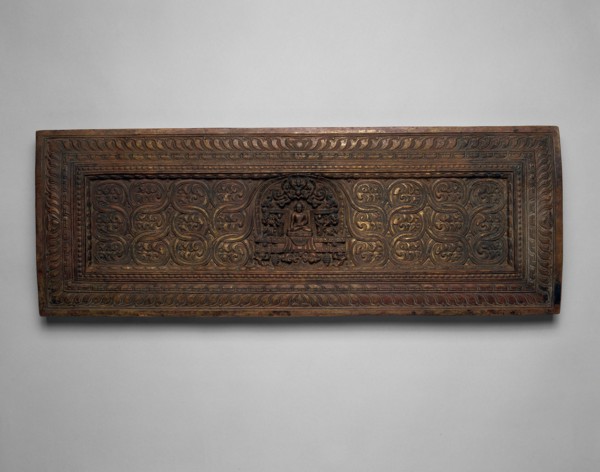 Manuscript Cover with Enshrined Sakyamuni Buddha with Hand in Earth Touching (Bhumisparsha) Mudra,