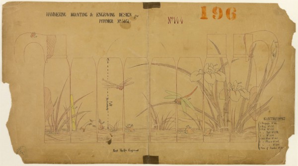 Hammering, Mounting and Engraving Design for Pitcher No. 5051, 1878, Tiffany and Company, American,