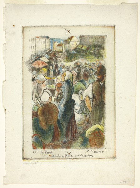 The Market at Gisors, Rue Cappeville, c. 1894, Camille Pissarro, French, 1830-1903, France, Color