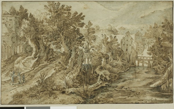 Village Scene with River and Wooden Bridge, 1595–1600, Peeter Stevens, II, Flemish, 1567-after