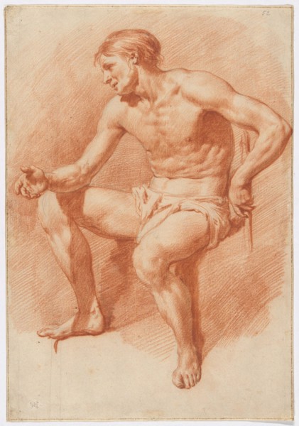 Study of a Male Nude, n.d., Adriaen van de Velde, Dutch, 1636-1672, Holland, Red chalk, over traces