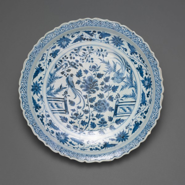 Shallow Dish with Long-Tailed Birds in a Garden of Stylized Peonies and Fronds, Encircled by a