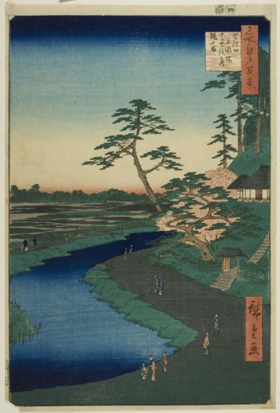 Basho’s Hut on Camellia Hill Beside the Aquaduct at Sekiguchi, from the series One Hundred Famous