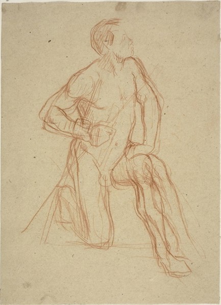 Male Figure Kneeling, c. 1874, Jules-Élie Delaunay, French, 1828-1891, France, Red chalk on buff