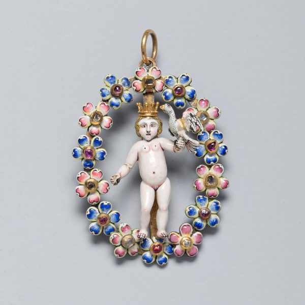 Pendant with the Christ Child, c. 1650, Spanish, Spain, Gold, enamel, rubies, and diamonds, 5.2 × 3