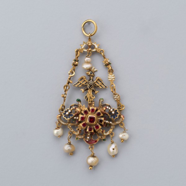 Pendant, 17th century (with 19th–century additions), European, Europe, Enameled gold, ruby, and