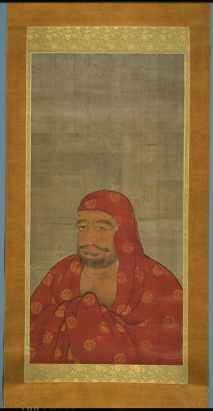 Daruma, c. 1550, Japanese, Japan, Hanging scroll, ink, colors, and gold on silk, 109.2 x 54 cm (43