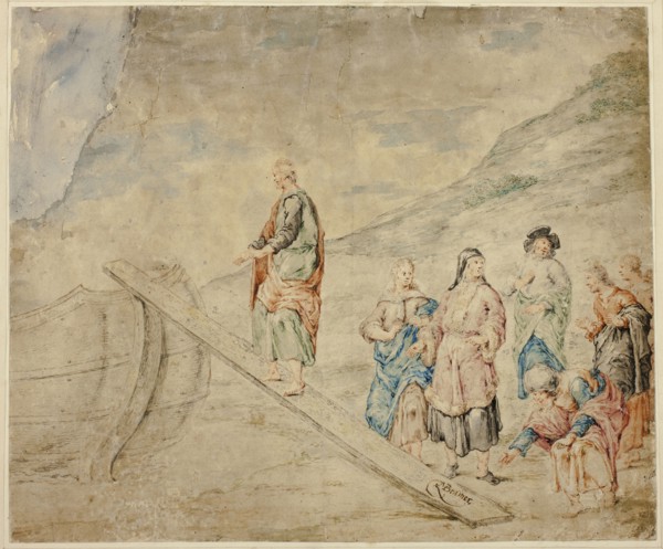 Man Mounting Plank to Boat, 1660/69, after Leonard Bramer, Dutch, 1596-1674, Netherlands, Pen and