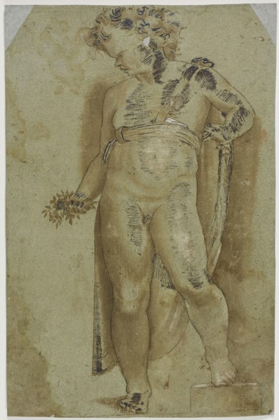 Putto Holding Flowers, n.d., possibly after Pellegrino Tibaldi, Italian, 1527-1596, Italy, Pen and