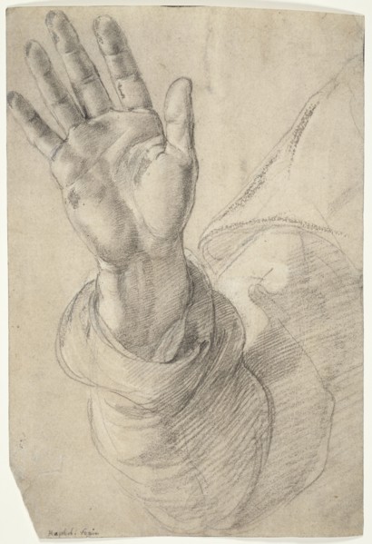 Upraised Right Hand, with Palm Facing Outward: Study for Saint Peter, 1518/20, Raffaello Sanzio,