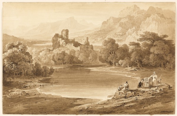 Landscape with a Ruined Castle, 1819, John Martin, English, 1789-1854, England, Brush and brown ink