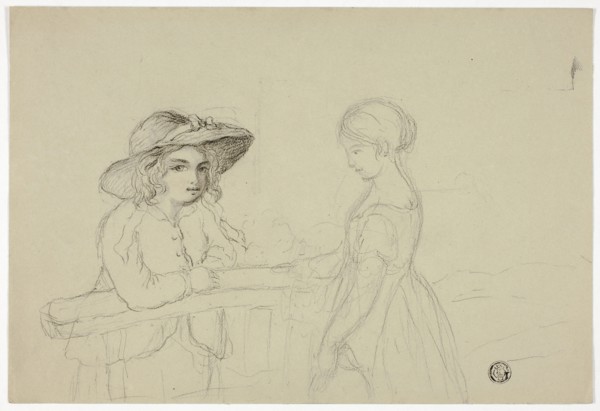 Two Girls at Gate, n.d., Elizabeth Murray, English, c. 1815-1882, England, Black chalk on gray wove