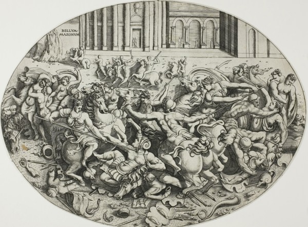 The Battle of the Amazons, 1543, Enea Vico, Italian, 1523-1567, Italy, Engraving in black on ivory