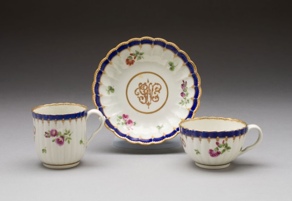 Teacup, Coffee Cup, and Saucer, 1775/80, Worcester Porcelain Factory, Worcester, England, founded
