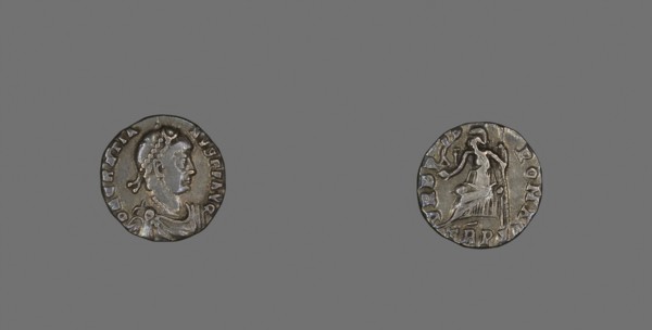 Coin Portraying Emperor Gratian, AD 367/375, Roman, minted in Trier, Trier, Silver, Diam. 1.6 cm, 1