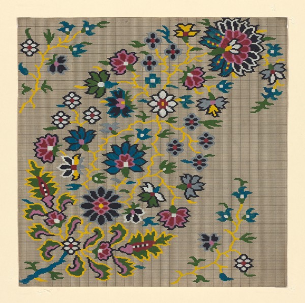 Mise-en-carte (Point-paper), 1760/90, France, Ink and gouache on hand drawn graph paper, 31.8 × 31