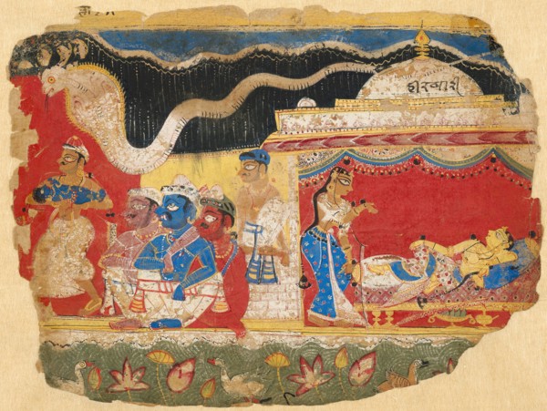 The Infant Krishna Spirited Away by Vasudev, page from the Dispersed Bhagavatapurana manuscript, c.