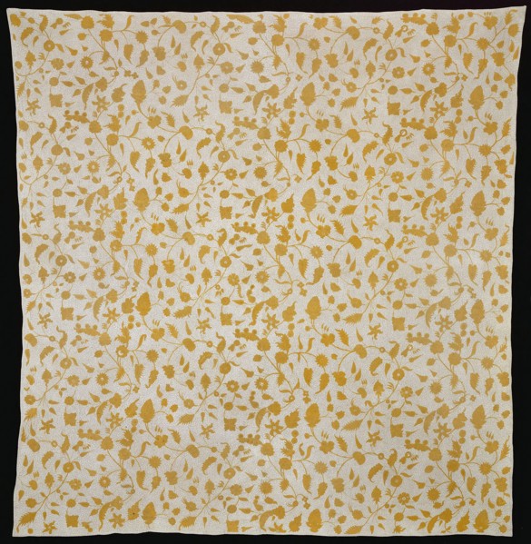 Bedcover, c. 1710, England, Cotton, plain weave, underlaid with linen, plain weave, embroidered