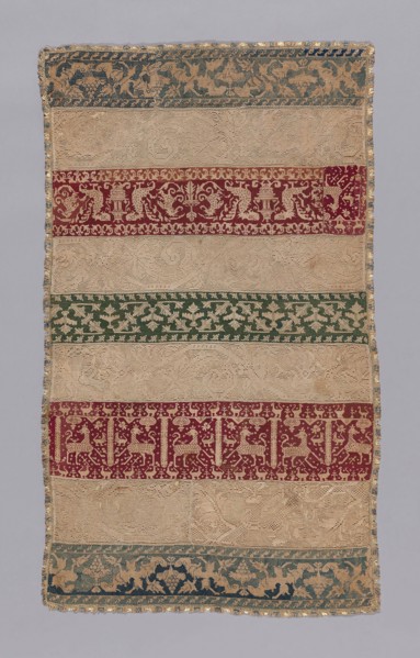 Towel, 16th century, Italy, Five bands of linen, plain weave, pulled thread work with silk in