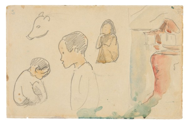 Sketches of Crouching and Standing Figures, a Pig, and a Hut at Water’s Edge, 1891, Paul Gauguin,