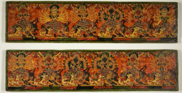 Pair of Manuscript Covers with Twelve Durgas on Snow Lions Slaying the Buffalo Demon