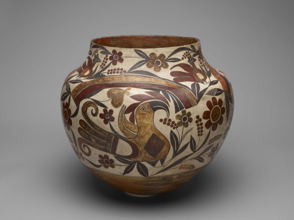 Polychrome Jar with Rainbow, Macaw, and Floral Motifs, 1880s, Acoma, Acoma Pueblo, New Mexico,