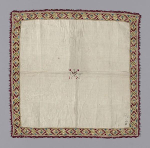 Handkerchief, 1676, Italy, Linen, plain weave, cut and drawn work, embroidered silk and