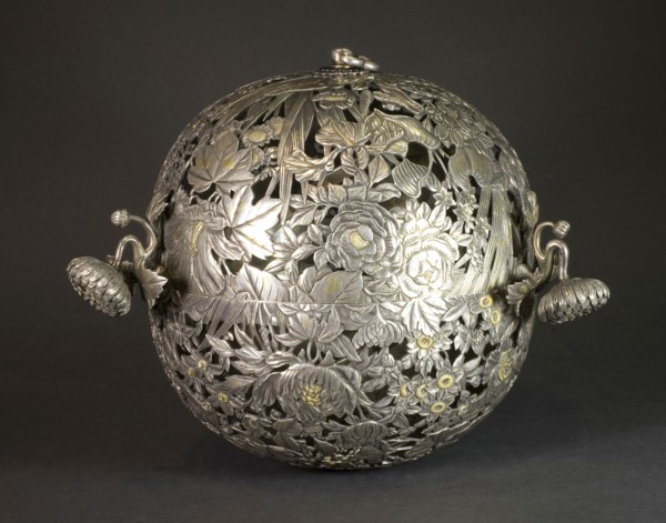 Hanging Incense Burner, 19th century, Japanese, Japan, Silver, gold, silk cords, Diam. 18.5 cm (7