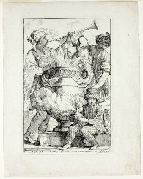 Trompettes, Pages, Esclaves, et Vases que l’on portait pour présent à Mahomet, from Caravanne du