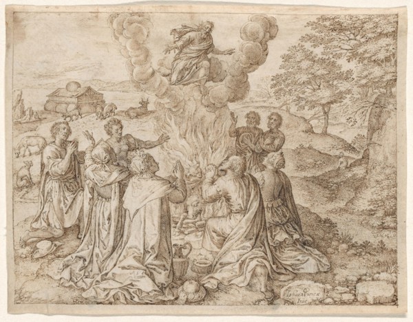 Noah’s Sacrifice, plate IX from The Creation and Early History of Man, 1606, Jan Wierix, Flemish,