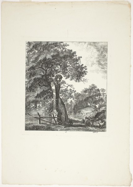 Sheep by a Statue of Pan, plate five from Paysages Dédiés à M. Warelet, 1764, Salomon Gessner,