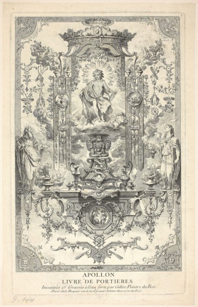 Apollo, from Livre de Portieres, published 1737, Claude Gillot, French, 1673-1722, France, Etching