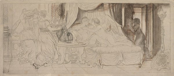 Cupid and Psyche, 1793, Pierre Lelu, French, 1741-1810, France, Etching, with pen and brown ink and