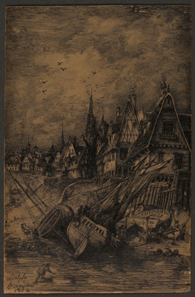 Washed Up Ships, 1864, Rodolphe Bresdin, French, 1825-1885, France, Pen and black ink on brown wove