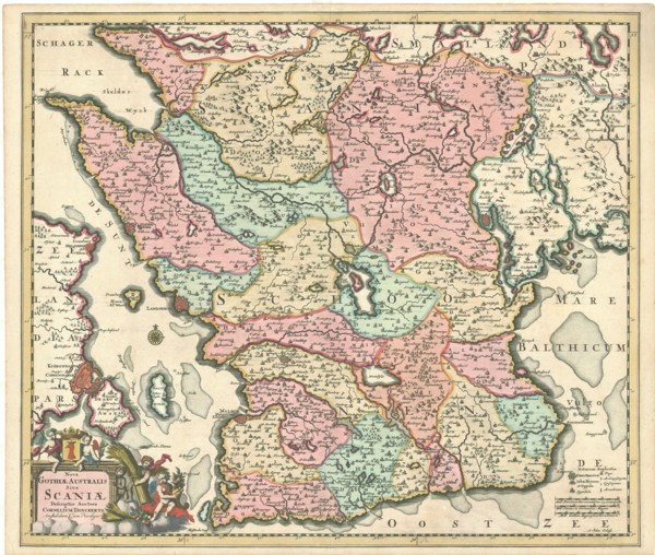 Map, Nova Gothiae australis sive Scaniae descriptio auctore Cornelis Danckerts A. Schut schulp,
