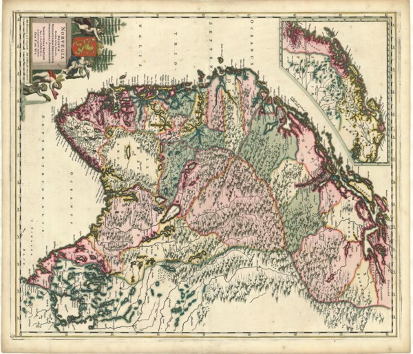 Map, Norvegia regnum divisum in suos dioeceses Nidrosiensem, Bergensem, Opsloensem, et