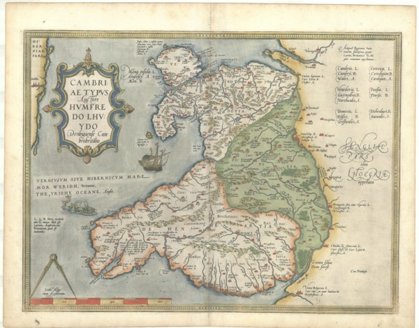 Map, Cambriae typvs, Humphrey Llwyd (1527-1568), Copperplate print