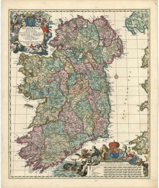 Map, Hiberniae regnum tam in praecipuas Ultoniae, Connaciae, Lageniae, et Momoniae, quam in minores