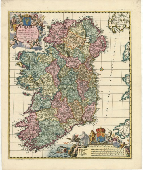 Map, Hiberniae regnum tam in praecipuas Ultoniae, Connaciae, Lageniae, et Momoniae, quam in minores