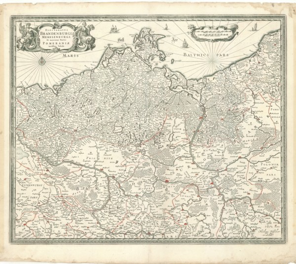 Map, Electoratvs Brandenburgi, Mekelenburgi, et maximæ partis Pomeraniæ novissima tabula,