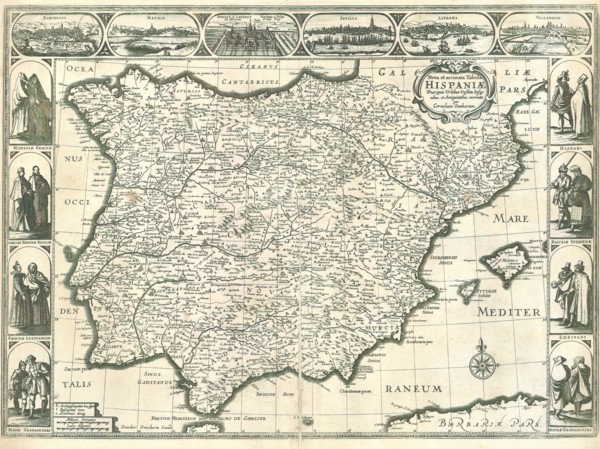 Map, Nova et accurata tabula Hispaniae praecipuis urbibus vestitu insignibus, et antiquitatibus