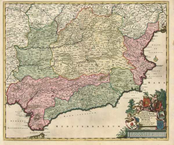 Map, Regnorum Castellæ novæ, Andalusiæ, Granadæ Valentiæ, et Murciæ accurata tabula, in episcopatus