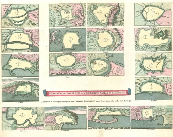 Map, D' Voornaamste fortresse vant koningryck Napels en Sisielie in Italie, Copperplate print