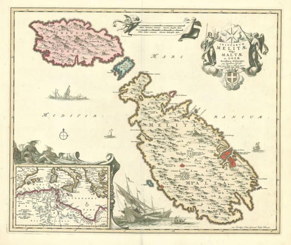 Map, Insularum Melitæ vulgo Maltæ et Gozæ novissima delineatio, Nicolaes Jansz. Visscher