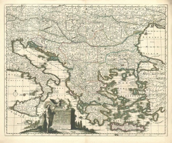 Map, Regni Hungariae, Graeciae, Moreae, totius Danubii, adiacentiumque regnorum nec non totius