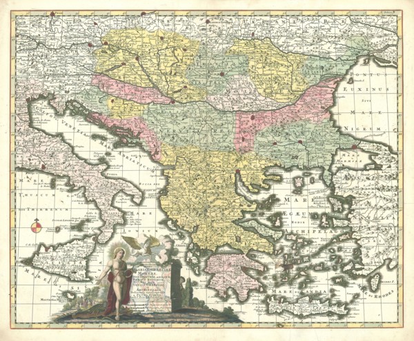 Map, Regni Hungariae, Graeciae, Moreae, totius Danubii, adiacentiumque regnorum nec non totius