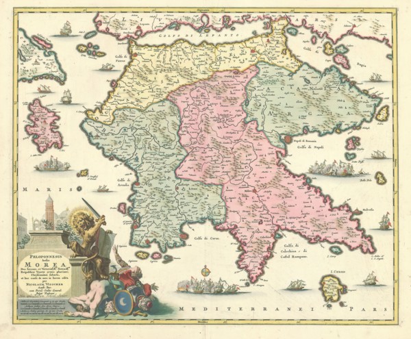 Map, Peloponnesus hodie Morea, Nicolaes Jansz. Visscher (1649-1702), Copperplate print